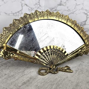 Vintage brass fan-shaped vanity mirror | vintage table top decorative mirror