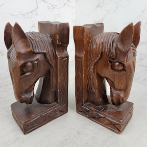 Vintage carved wood horse head bookends | vintage rustic horse or equine décor