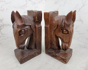 Vintage carved wood horse head bookends | vintage rustic horse or equine décor