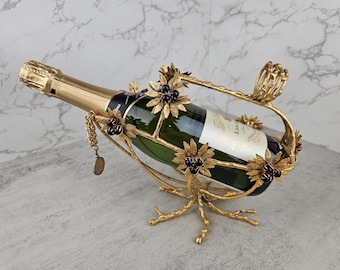 Vintage Gold-Tone Grape Vine Wine Bottle Holder | Las Vegas Hilton 1974 | 24K Gold Plated Bar Decor
