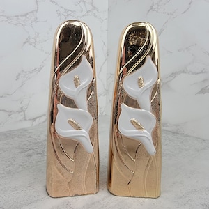 Vintage Calla Lilly tarnish-resistant bud vases in gold and white (set of two) | Japanese bronze plate vases with gold tone overlay