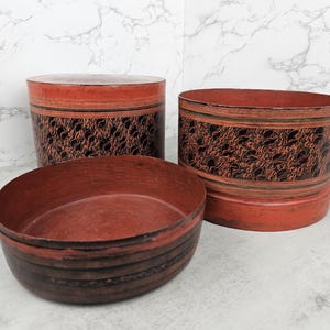 Vintage Burmese betel three-piece lacquered box set | Traditional Myanmar lacquerware