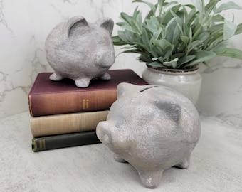 Hand painted neutral textured piggy bank | upcycled | home décor | ceramic pottery | one of a kind | minimalist | gray | baby shower gift