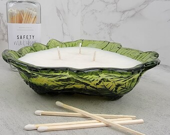 Odor Eliminating candle in vintage green Indiana Glass Loganberry bowl | Fresh linen candle in vintage green glass bowl