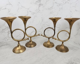 Vintage brass horn candlestick holders (set of two) | Christmas brass horn candle stick holders