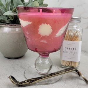 Upcycled candle in vintage etched cranberry pedestal sherbet glass | vintage cranberry glass candy dish candle