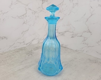 Vintage Fostoria azure blue coin glass decanter with stopper | Vintage light blue glass decanter