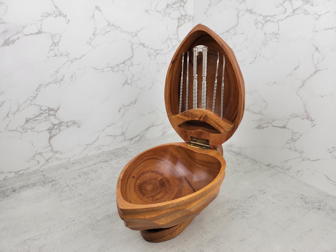 Vintage Wooden Nut Serving Bowl With Tools Vintage Etsy
