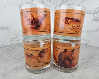 Vintage Avon Animal Wildlife low ball glasses | Vintage bear, pheasant, trout, and deer whiskey glasses with Tom O'Brien artwork