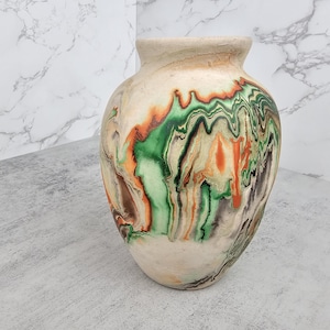 Vintage Nemadji Art pottery vase with blue, orange, and red swirl design | Medium mid-century pottery vase