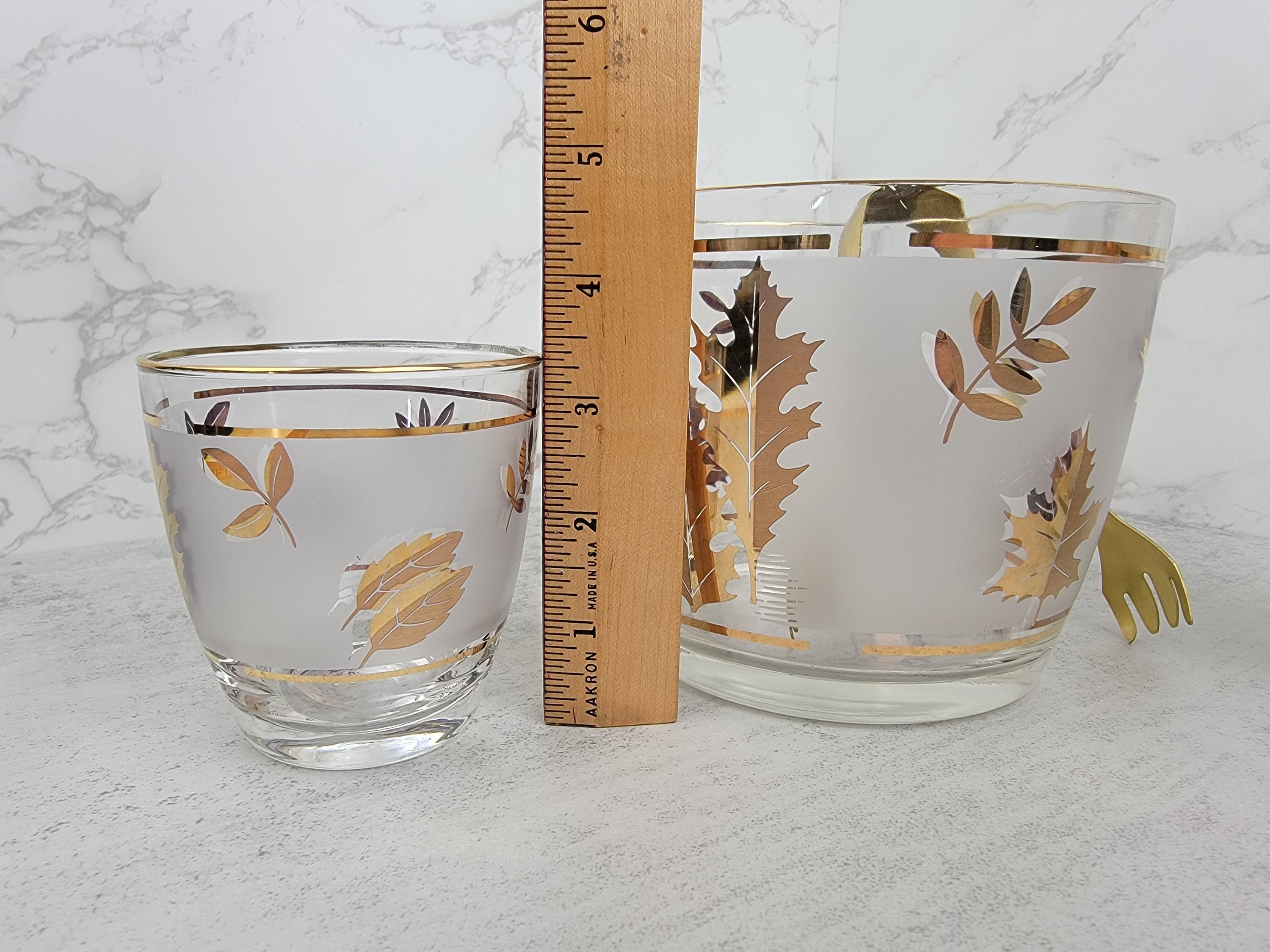Golden Foliage Leaf Highball Glasses Set of 8 and Ice Bucket by Libby Glass  For Sale at 1stDibs