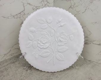 Vintage Imperial Glass open rose milk glass platter (two available) | footed milk glass cake plate with embossed rose design