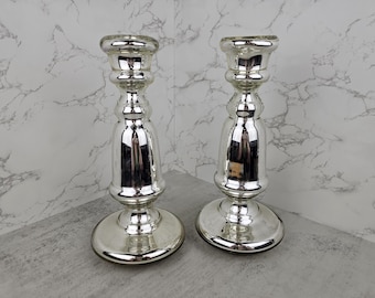 Vintage handblown mercury glass candlestick holders (set of two) | vintage mercury glass