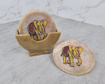 Vintage soapstone elephant coasters (set of five with holder) | Vintage stone elephant coasters