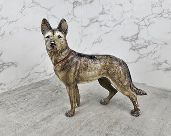 Antique Cast Iron German Shepherd Dog Doorstop Attributed to Hubley #275, Original Paint, c. 1925–1940
