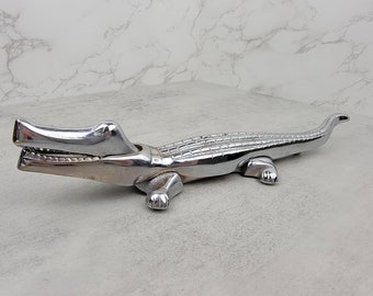Vintage plated brass alligator nutcracker | Mid century silver crocodile nutcracker