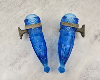 Antique blue glass car bud vases from Model A Ford with brackets (set of two) | Model T blue glass flower vases