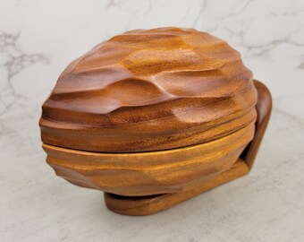 Vintage carved wood nut serving bowl with tools | Vintage wood nut-shaped nut cracking set including nut crackers and four nut picks