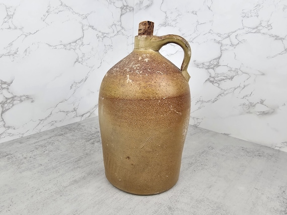 Antique salt glazed crock whiskey jug | primitive antique stoneware jug