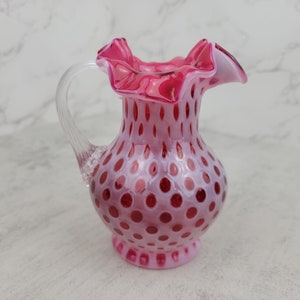 Vintage Fenton cranberry glass coin dot opalescent pitcher | small vintage cranberry and milk glass pitcher