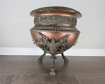 Vintage Copper Jardiniere: Ornate Satyr Mask Planter, Neoclassical Decor