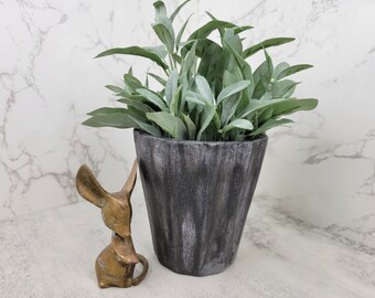 Hand painted upcycled ribbed black planter | Neutral textured black vase