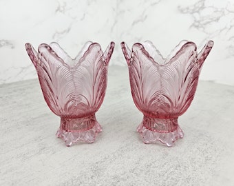 Vintage Fenton Rose Pink Tulip candle holders (set of two) | vintage spring flower pink glass candlestick holders
