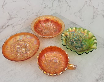 Vintage marigold and green carnival glass dishes | Vintage Imperial Glass and Millersburg Glass carnival glass