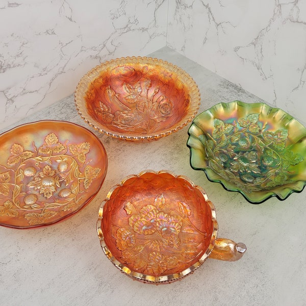 Vintage marigold and green carnival glass dishes | Vintage Imperial Glass and Millersburg Glass carnival glass