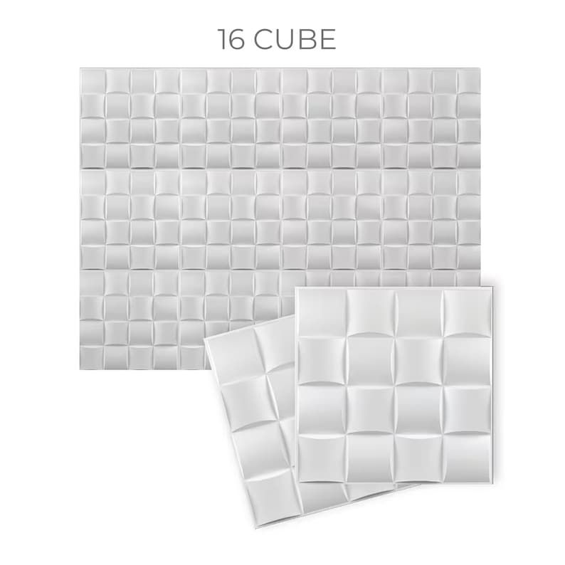May include: White 16 Cube acoustic wall panels. The panels are arranged in a grid pattern and have a slightly raised, textured surface.