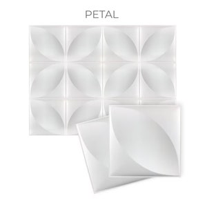 May include: White 3D wall panels with a petal design. The panels are arranged in a grid pattern and are made of a lightweight material.