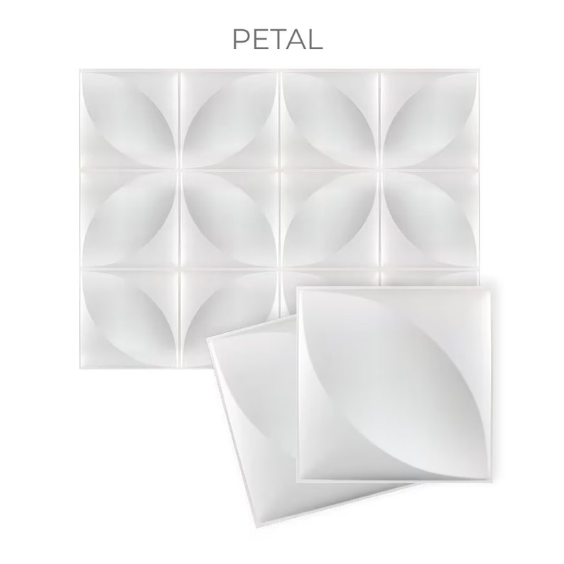 May include: White 3D wall panels with a petal design. The panels are arranged in a grid pattern and are made of a lightweight material.