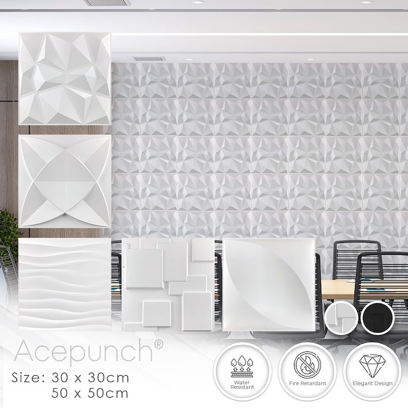 May include: White 3D wall panels in various geometric designs. The panels are 30 x 30 cm or 50 x 50 cm. The panels are water resistant and fire retardant. The panels are elegant and modern.