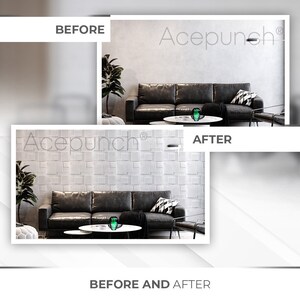 May include: Before and after images of a living room with a black leather sofa, a coffee table, and a green lamp. The wall in the before image is plain white, while the wall in the after image is covered in white square tiles.
