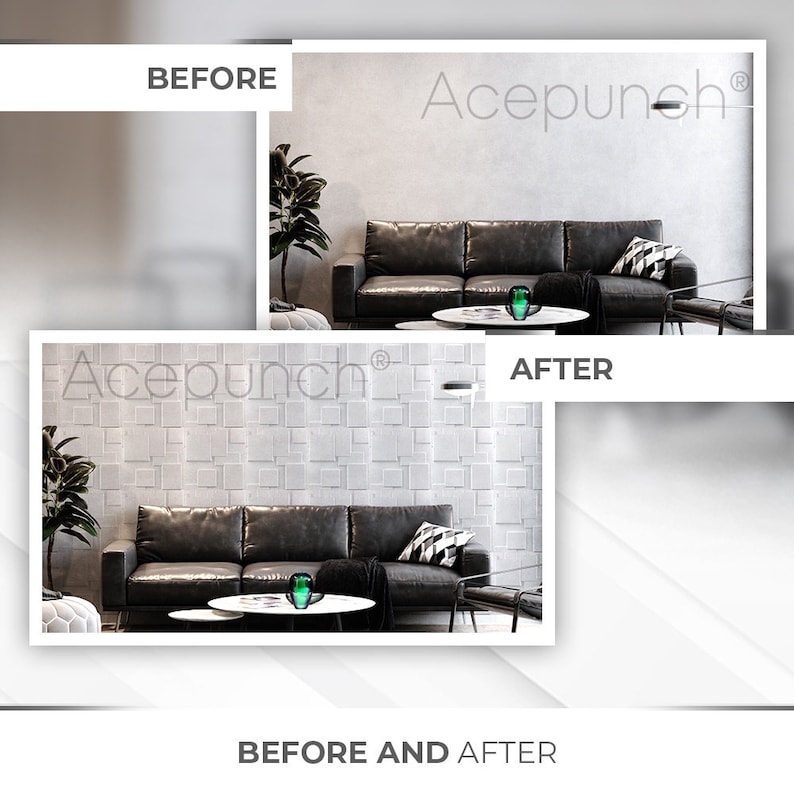 May include: Before and after images of a living room with a black leather sofa, a coffee table, and a green lamp. The wall in the before image is plain white, while the wall in the after image is covered in white square tiles.