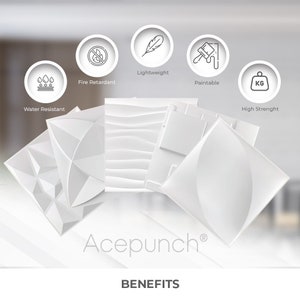 May include: White 3D wall panels with various textures and designs. The panels are lightweight, fire retardant, water resistant, paintable, and high strength. The panels are labeled "Acepunch" and "BENEFITS".