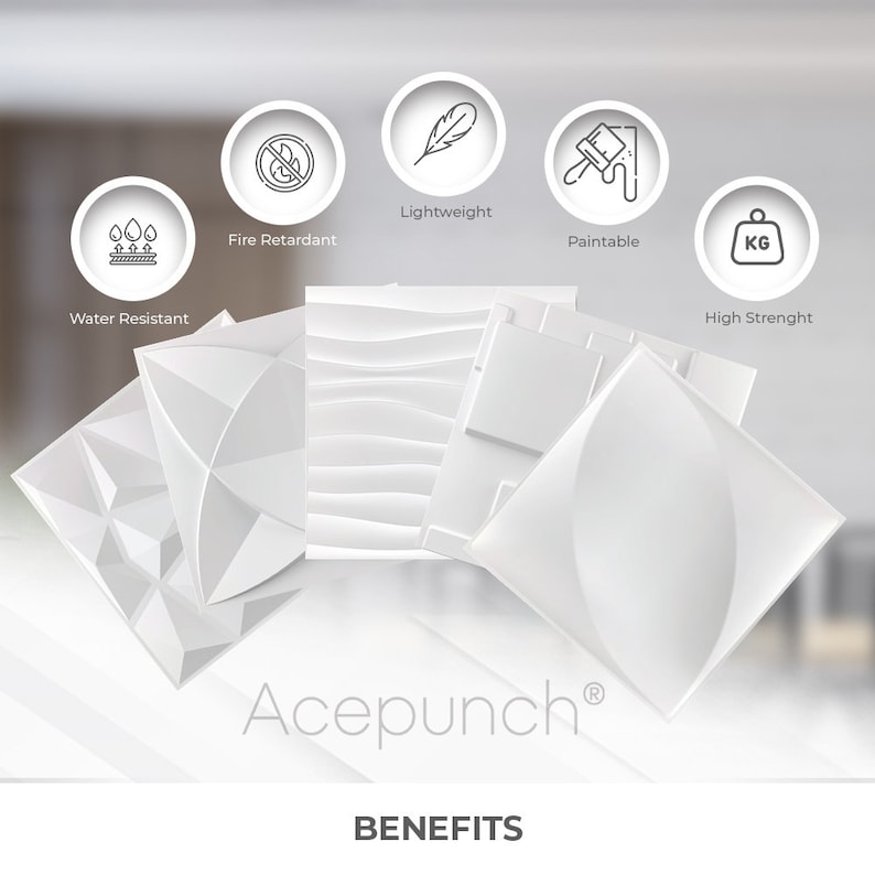 May include: White 3D wall panels with various textures and designs. The panels are lightweight, fire retardant, water resistant, paintable, and high strength. The panels are labeled "Acepunch" and "BENEFITS".