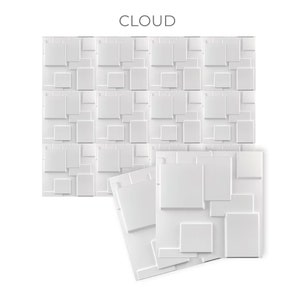 May include: White 3D wall panel tiles with a cloud-like design. The tiles are arranged in a grid pattern and have a raised, textured surface.