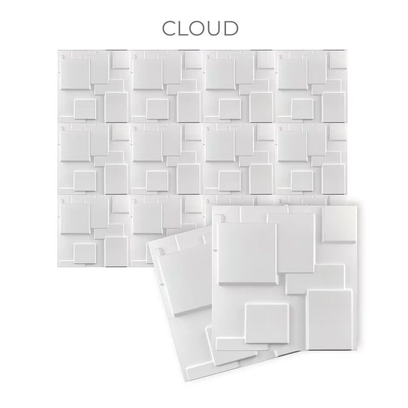 May include: White 3D wall panel tiles with a cloud-like design. The tiles are arranged in a grid pattern and have a raised, textured surface.