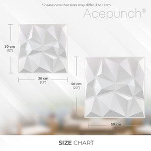 May include: Size chart for white 3D wall panels. The panels are available in two sizes: 12 inches by 12 inches and 20 inches by 20 inches. The text "Acepunch&reg;" is at the top of the image.