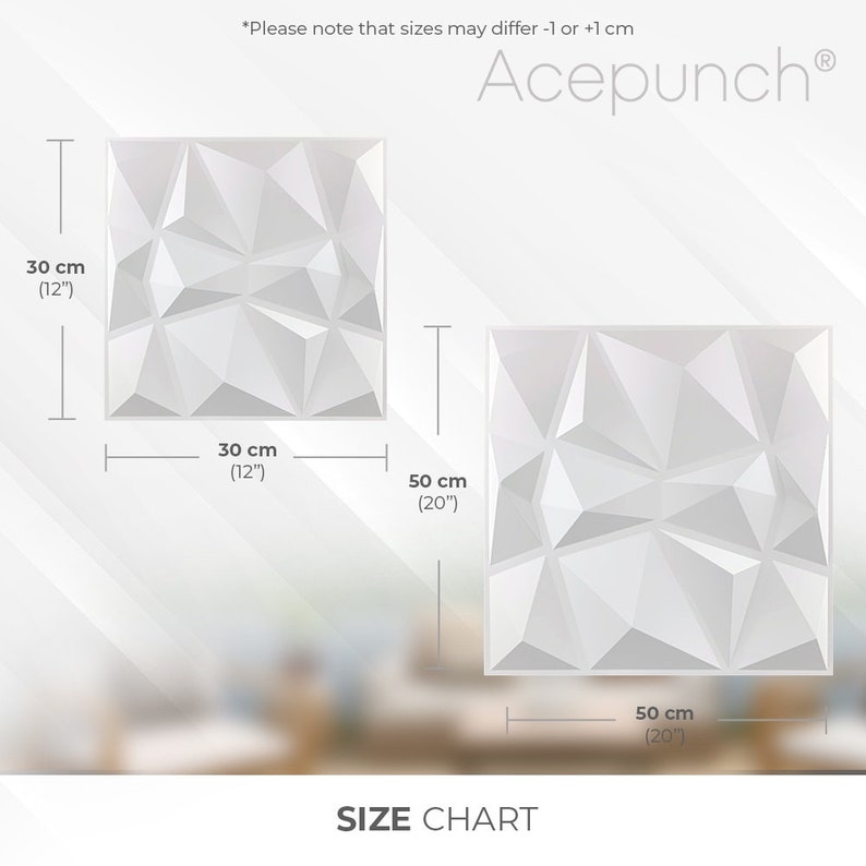 May include: Size chart for white 3D wall panels. The panels are available in two sizes: 12 inches by 12 inches and 20 inches by 20 inches. The text "Acepunch&reg;" is at the top of the image.