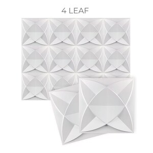 May include: White 3D wall panel with a four-leaf clover design. The panel is made of a lightweight material and is easy to install.  The panel is shown in a close-up view, with the individual leaves of the clover design clearly visible.