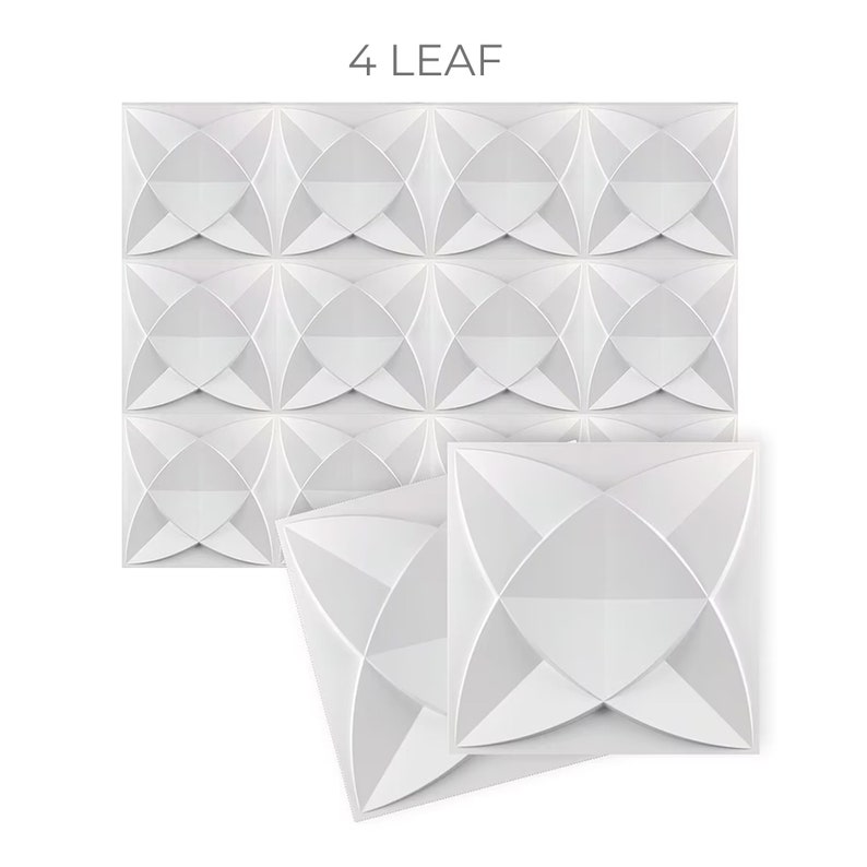 May include: White 3D wall panel with a four-leaf clover design. The panel is made of a lightweight material and is easy to install.  The panel is shown in a close-up view, with the individual leaves of the clover design clearly visible.