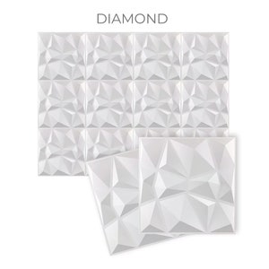 May include: White 3D wall panels with a diamond pattern. The panels are made of a lightweight material and are easy to install.