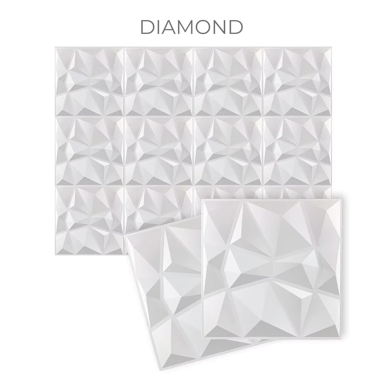 May include: White 3D wall panels with a diamond pattern. The panels are made of a lightweight material and are easy to install.