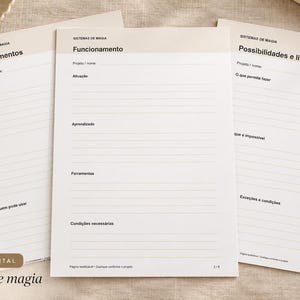 May include: Three white paper sheets with black text and lines for writing. The headers read SISTEMAS DE MAGIA, Fundamentos, Funcionamento, and Possibilidades e limites. Each sheet includes fields for project names and specific categories for organizing magical systems.