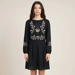 Upcycled Boho Dress with Embroidered Flowers and Mushroom Patch