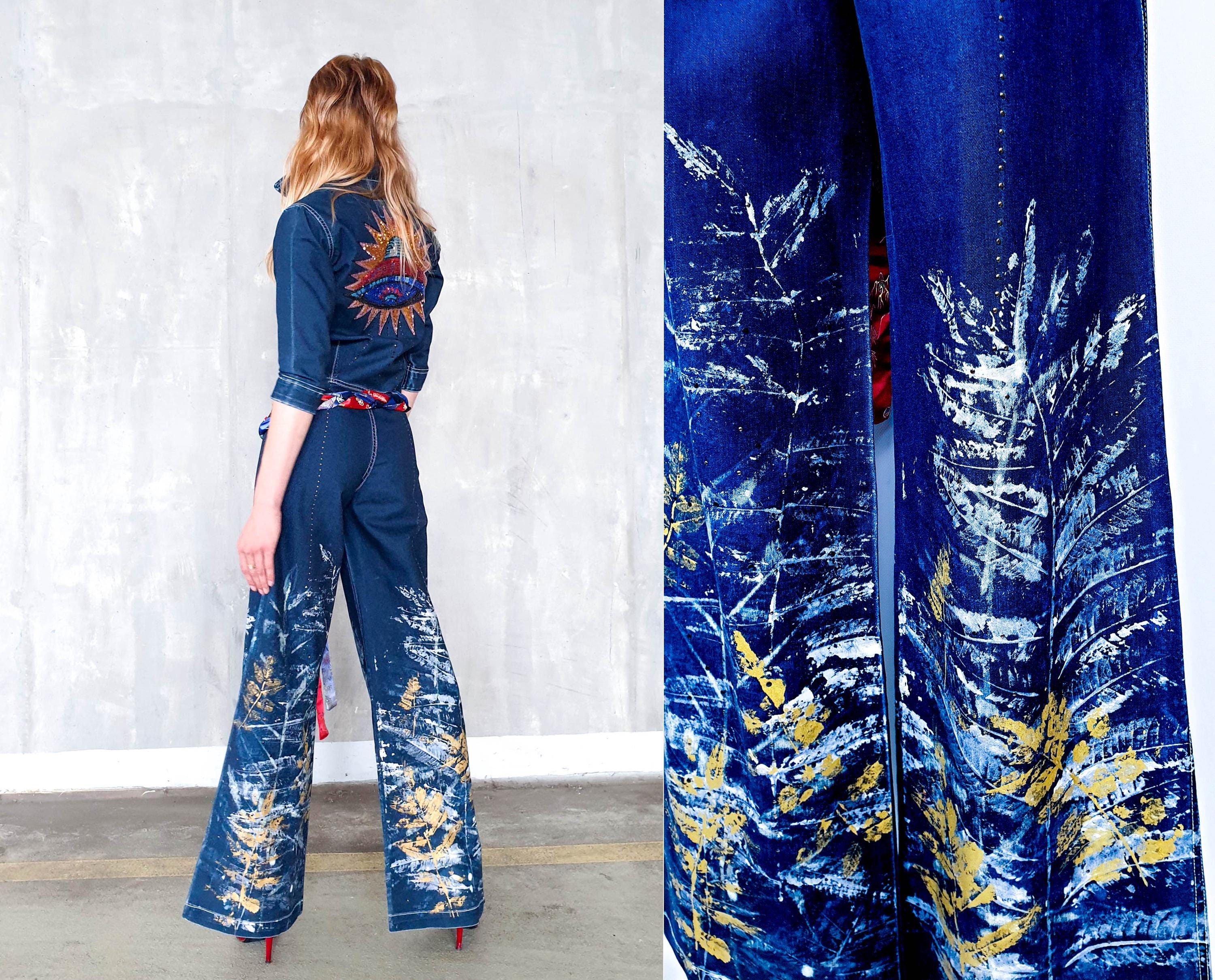 Upcycled Denim Navy Glam Rock Jumpsuit With Sequin UFO & Hand-stamped ...