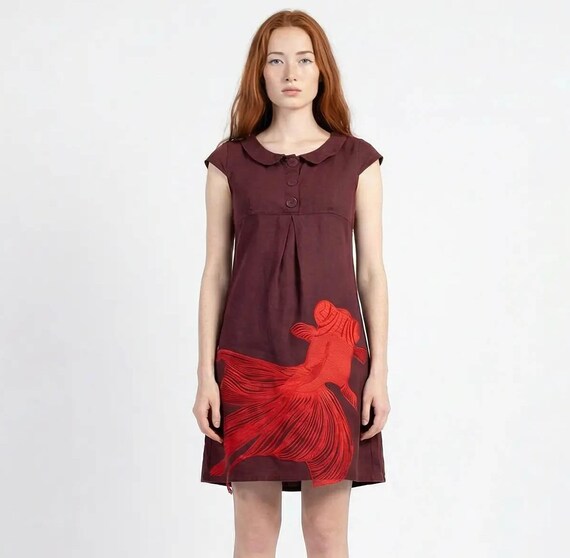 Upcycled Brown Linen Summer Dress with Fish Appliqu - Artistic Sustainable Midi Dress M