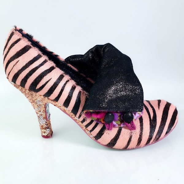 Pink Zebra Irregular Choice Pumps, Sequined Evening Shoes, Colorful Sole, Festive Party Footwear, Carnival, Unique Sparkling Heels